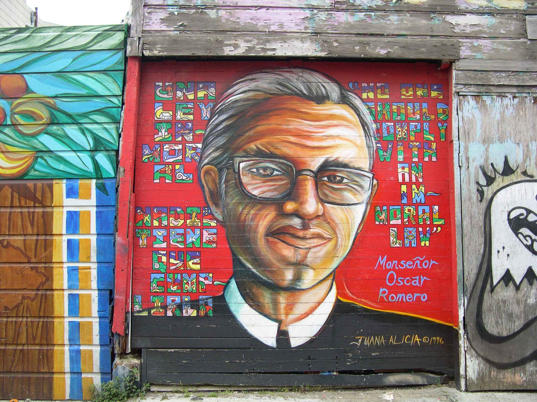 NO ONE SHOULD OBEY AN UNJUST LAW, 10’ x 12’, Acrylic mural on wooden garage door, Balmy Alley, San Francisco,1996